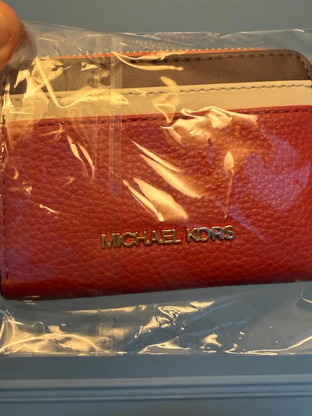 Michael Kors Raspberry and Cream colored Zip Card Case Wallet